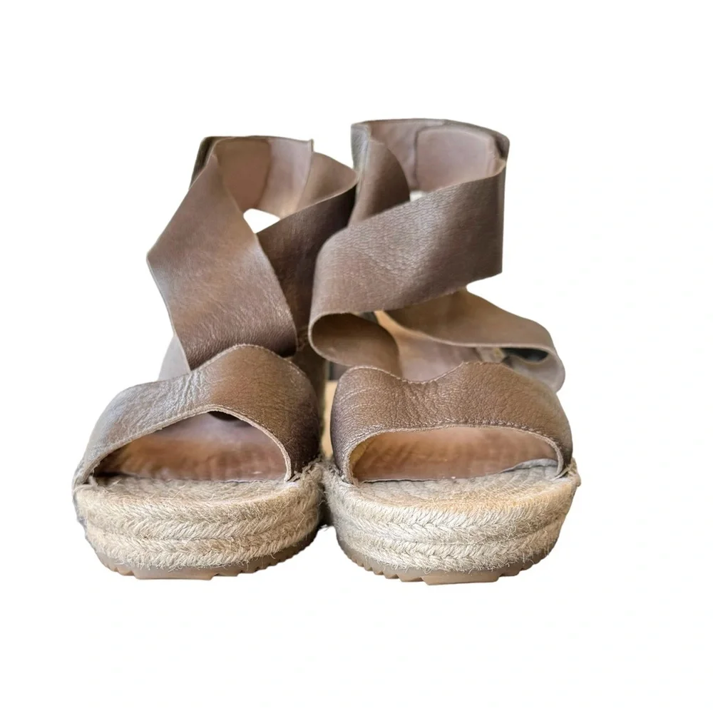 Eileen Fisher Willow Metallic Sandals Brown Tumbled Leather Wedge Espadrille